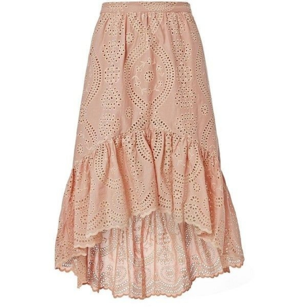 LoveShackFancy eyelet lacey high-low skirt soft pink XS extra small
